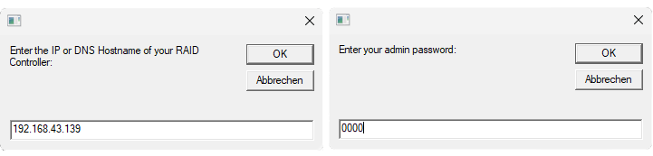 Areca Tool Win IP & PW Eingabe Areca Tool Win IP & PW Eingabe