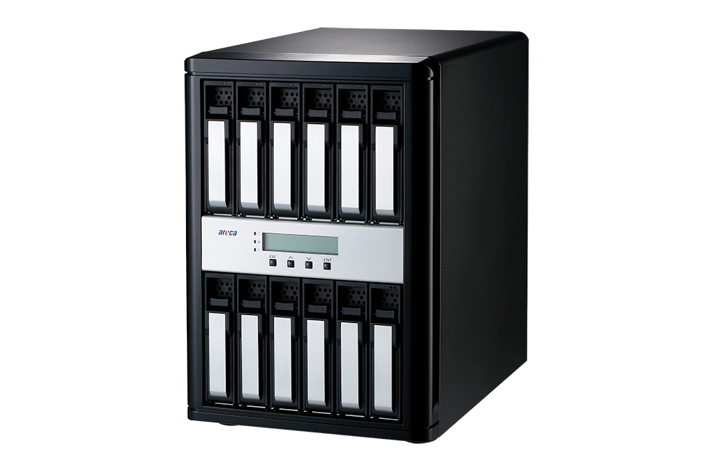 Areca ARC-8050T3U-12E: Universal-RAID-Storage für solitäre Medienarbeitsplätze mit Thunderbolt-Anbindung. ARC-8050T3_12bay_angled