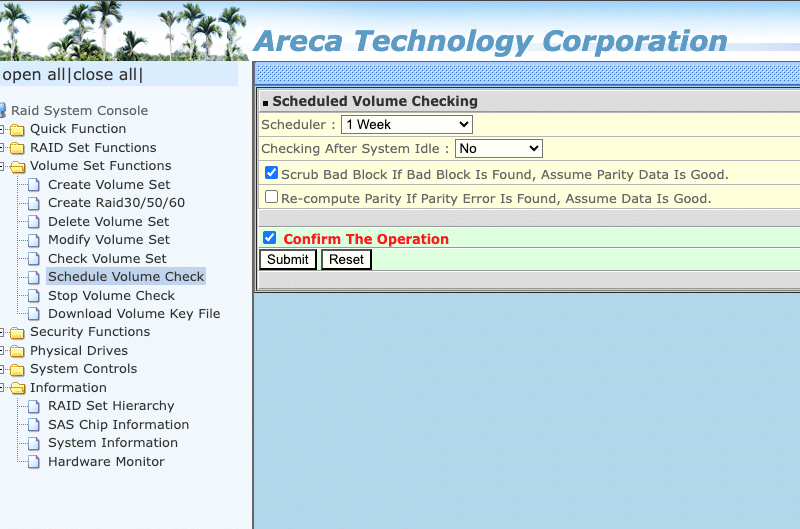 Die GUI bietet Ihnen in "Schedule Volume Check" die Möglichkeit, einen wöchentlichen Check durchzuführen. So können Sie Fehlern vorbeugen. ARC_Volume_Check_Schedule2