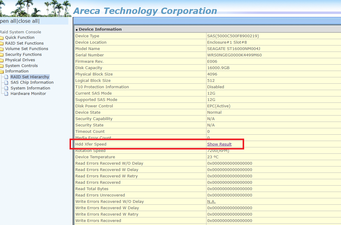 Wenn Sie in der Slotübersicht auf das Laufwerk klicken, das Sie untersuchen möchten, gelangen Sie zu den „Device Information“ der HDD. ARC_HDD_Show_Result_SlotX_Speedtest9