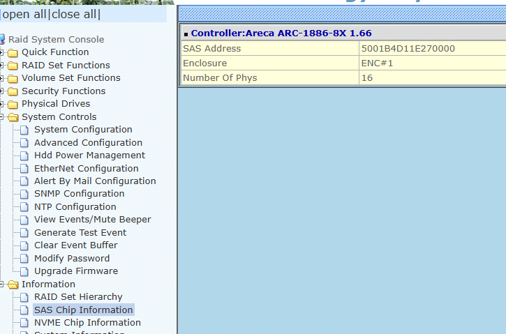 Unter "SAS Chip Information" steigen Sie ins entsprechende Untermenü ein. ARC_SAS-Chip-Information5