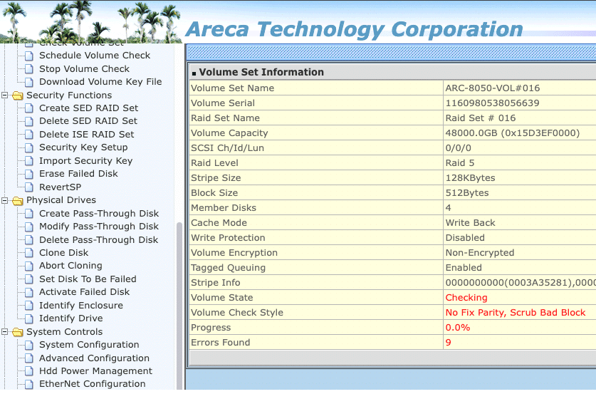 Wenn Sie in der RAID-Set-Hierarchie auf den Namen des Volume Sets klicken, können Sie den Fortschritt mitverfolgen. ARC_Volume_Check_Volume_Set_Inf3