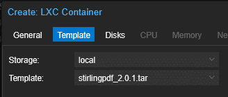 Creating Container selecting Template